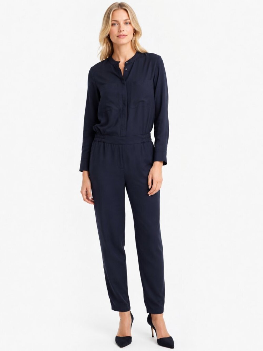 J. Crew Drapey Oxford Crepe Jumpsuit Long Sleeve Navy 000 #A2837